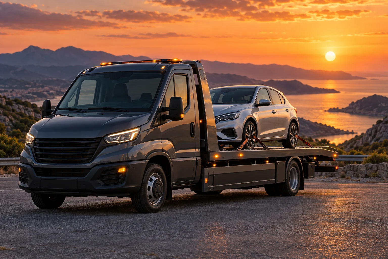 Düz platformlu çekici üzerinde taşınan otomobilin temsili görünümü